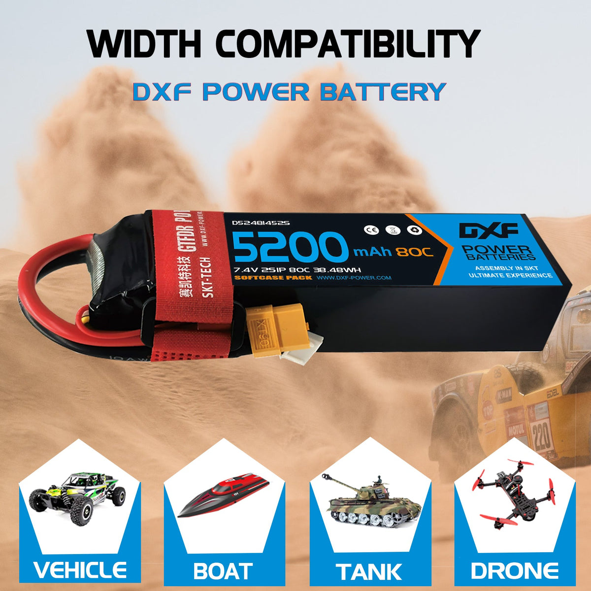 DXF Lipo Battery 2S 7.4V 5200mAh 80C Graphene Softcase with EC5 / T / TRX / XT60 / XT90 / XT150 / Q8s Plug for RC 1/8 1/10 Buggy Truck Car Off-Road Drone