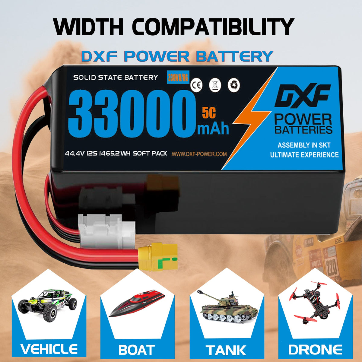 DXF SEMI-SOLID 12S 44.4V 33000mAh 5C Soft Case LiPo Battery with 8AWG Wire for Toy Cars, Boats, UAVs & Drones (1-6 Pack)