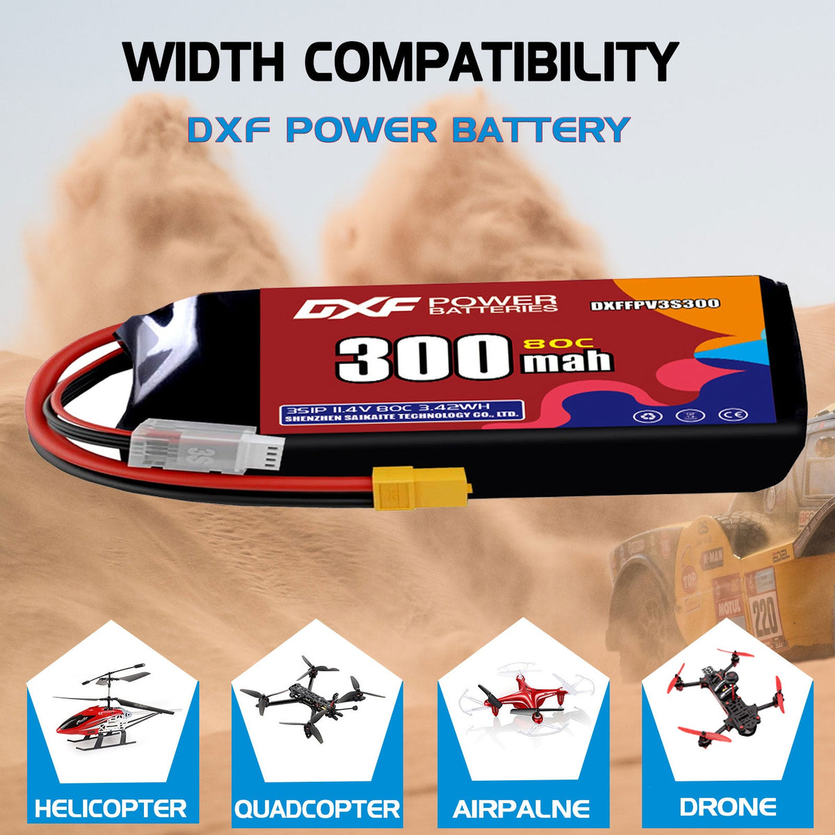 DXF LiPo Battery 3S HV 11.4V 300mAh 80C with PH2.0 / JST / XT30 / SM / XT60 / EC5 / XT90 for FPV Drone Whoop Micro Racing