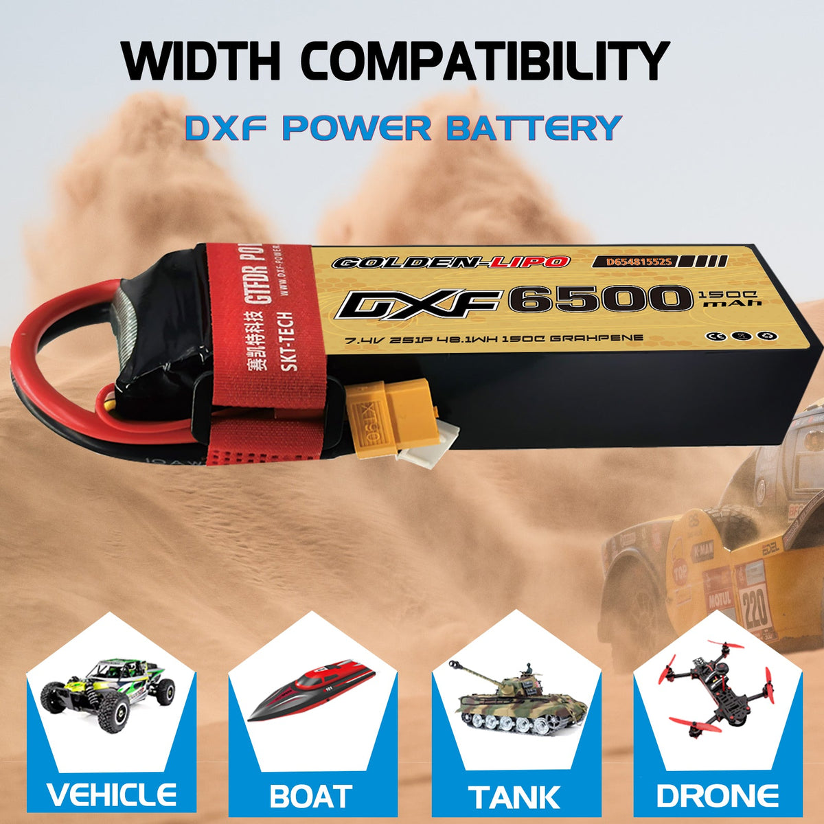 DXF Lipo Battery 2S 7.4V 6500mAh 150C Graphene Softcase with EC5 / T / TRX / XT60 / XT90 / XT150 / Q8s Plug for RC 1/8 1/10 Buggy Truck Car Off-Road Drone