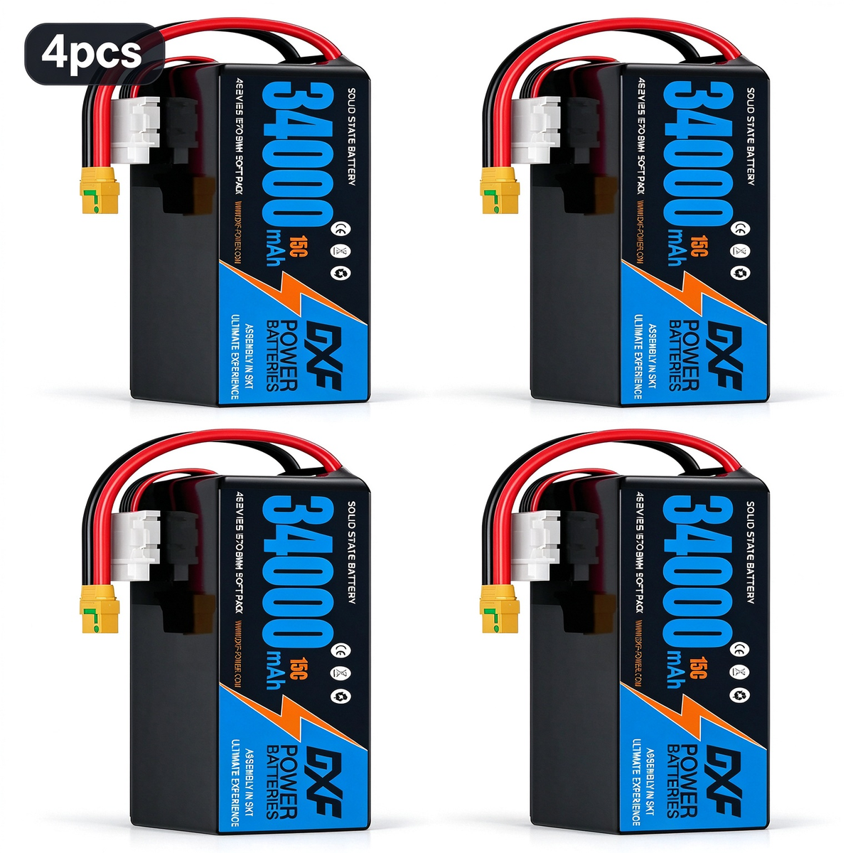 DXF SEMI-SOLID 12S 46.2V 34000mAh 15C Soft Case LiPo Battery with 8AWG Wire for Toy Cars, Boats, UAVs & Drones (1-6 Pack)