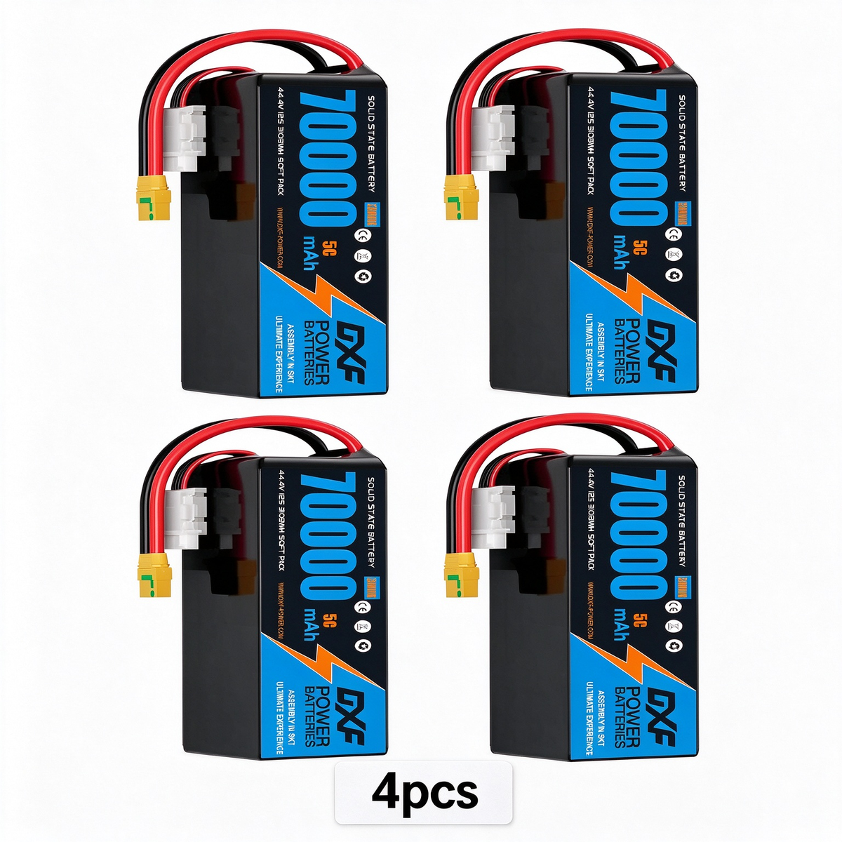DXF SEMI-SOLID 12S 44.4V 70000mAh 5C Soft Case LiPo Battery with 8AWG Wire for UAVs & Drones (1-6 Pack)