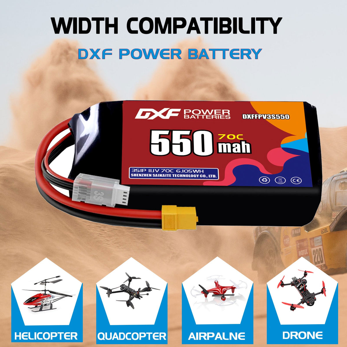 DXF LiPo Battery 3S 11.1V 550mAh 70C with PH2.0 / JST / XT30 / SM / XT60 / EC5 / XT90 for FPV Drone Whoop Micro Racing