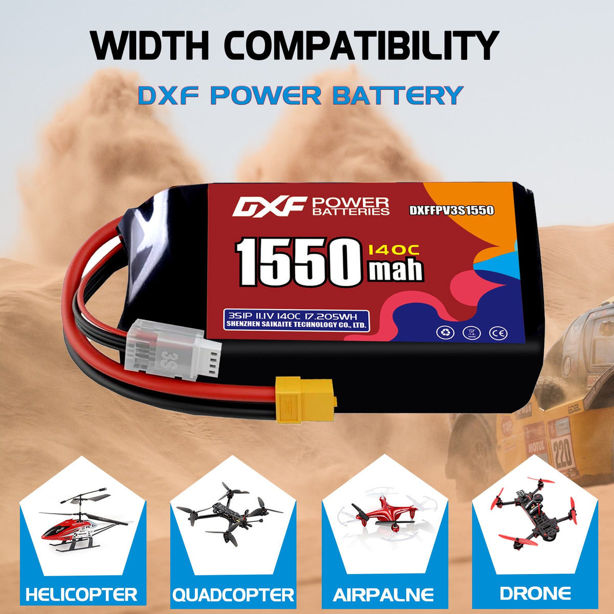 DXF 3S 11.1V 1550mAh 140C LiPo Battery for FPV Micro Drones (PH2.0 / JST / XT30 / SM / XT60 / EC5 / XT90 Options)
