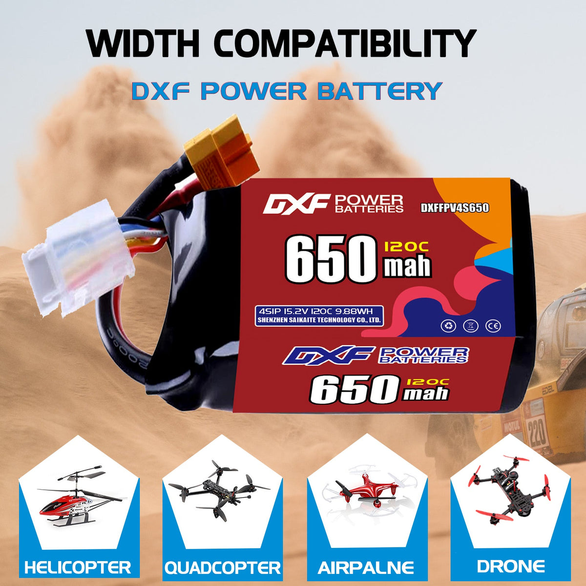 DXF 4S 15.2V 650mAh 120C LiPo Battery for FPV Micro Drones (PH2.0 / JST / XT30 / SM / XT60 / EC5 / XT90 Options)