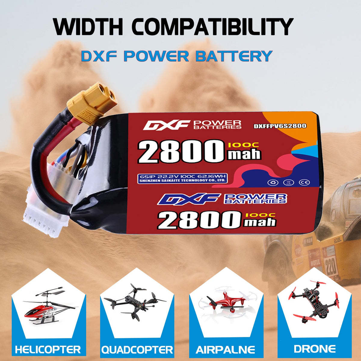 DXF 6S 22.2V 2800mAh 100C LiPo Battery for FPV Micro Drones (PH2.0 / JST / XT30 / SM / XT60 / EC5 / XT90 Options)