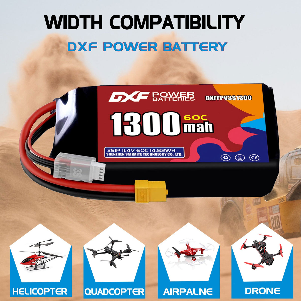 DXF LiPo Battery 3S HV 11.4V 1300mAh 60C with PH2.0 / JST / XT30 / SM / XT60 / EC5 / XT90 for FPV Drone Whoop Micro Racing