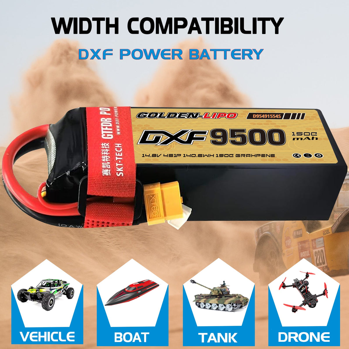 DXF LiPo Battery 4S 14.8V 9500mAh 150C Graphene Softcase with EC5 / T / TRX / XT60 / XT90 / XT150 / Q8s Plug for RC 1/8 1/10 Buggy Truck Car Off-Road Drone