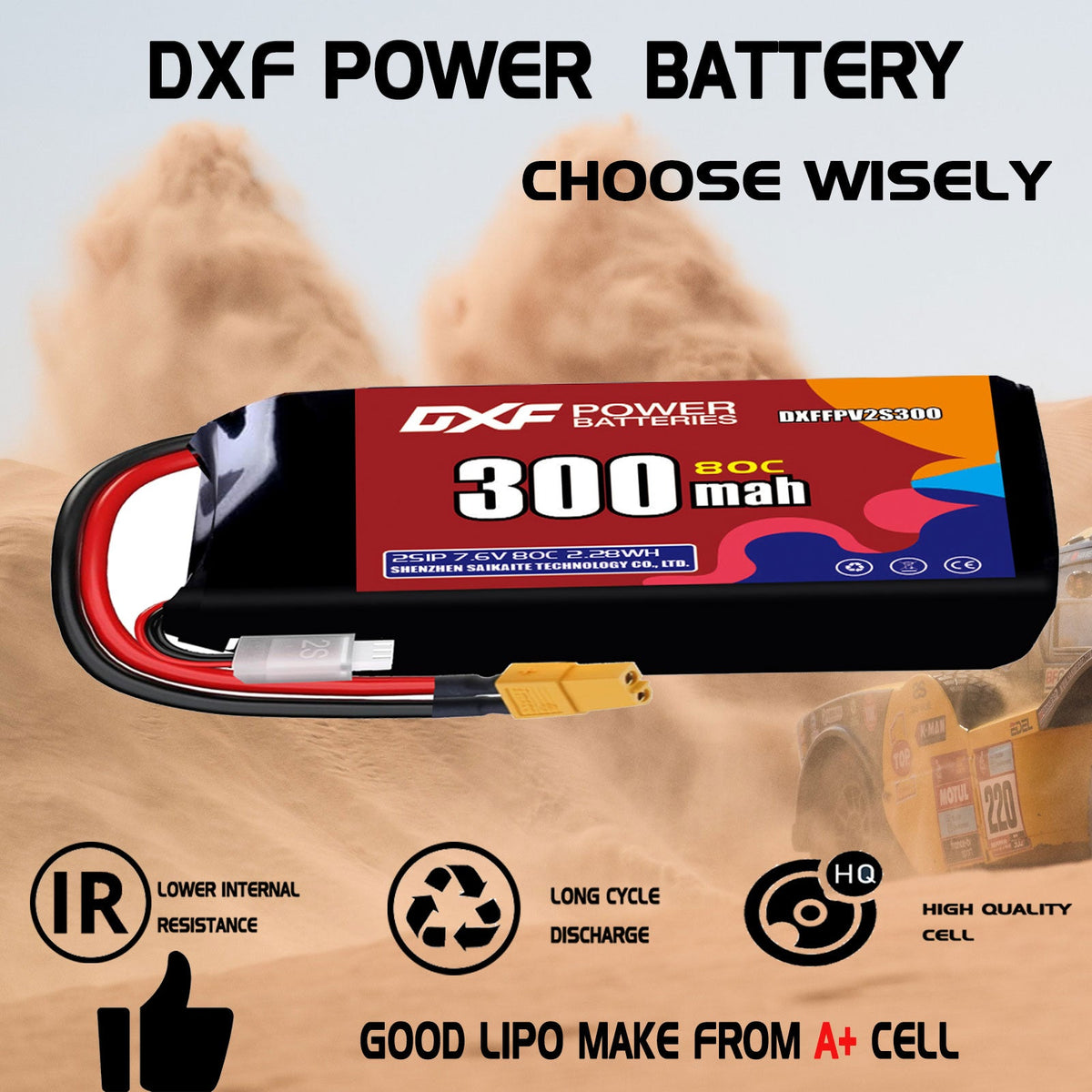 DXF LiPo Battery 2S HV 7.6V 300mAh 80C with PH2.0 / JST / XT30 / SM / XT60 / EC5 / XT90 for FPV Drone Whoop Micro Racing