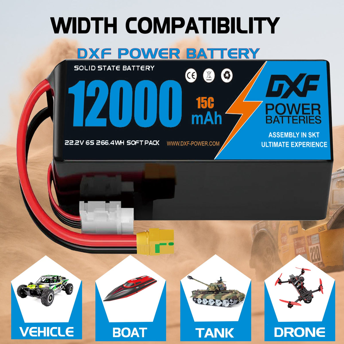 DXF 6S 22.2V 12000mAh 15C Soft Case LiPo Battery with 8AWG Wire for Toy Cars, Boats, UAVs & Drones (1-6 Pack)