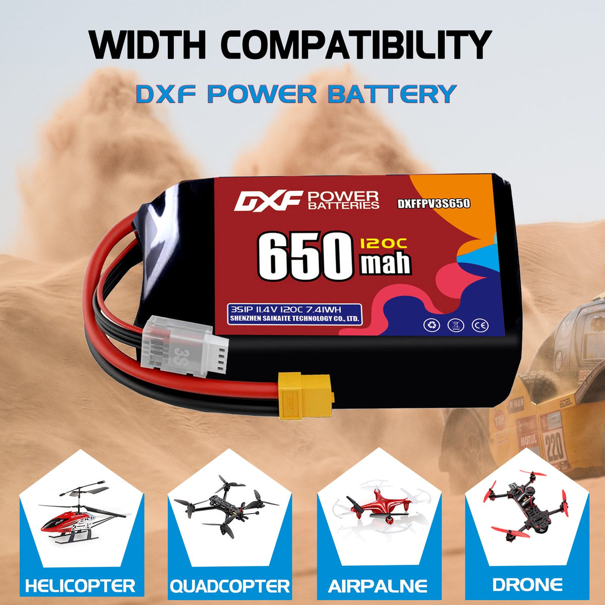 DXF 3S 11.4V 650mAh 120C LiPo Battery for FPV Micro Drones (PH2.0 / JST / XT30 / SM / XT60 / EC5 / XT90 Options)