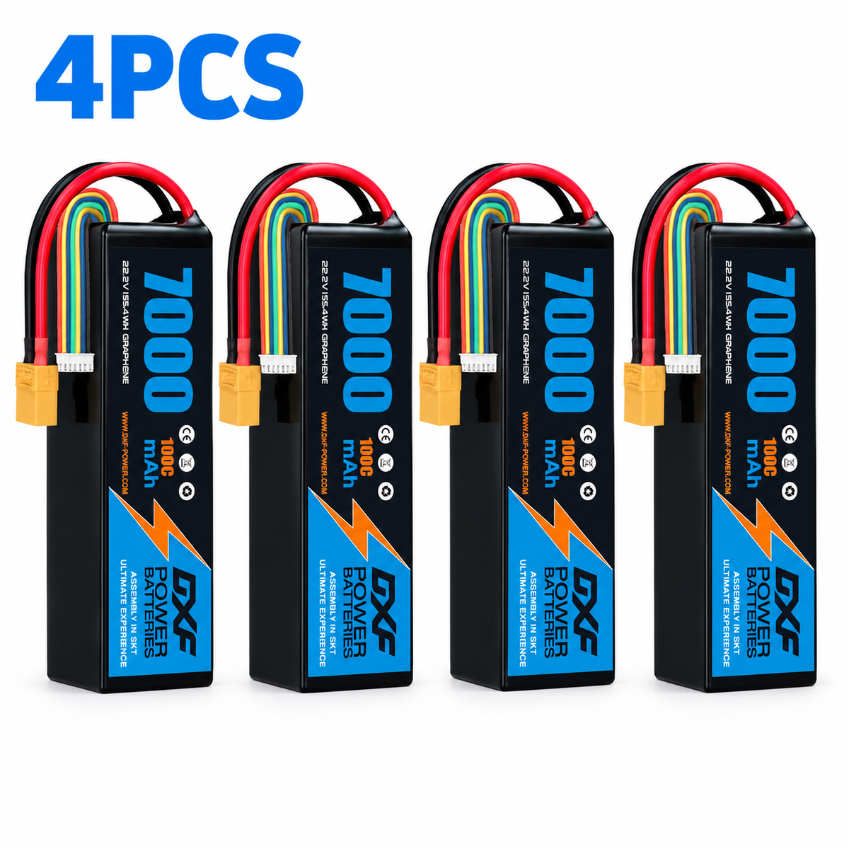 DXF 6S 22.2V 7000mAh 100C Softcase LiPo Battery with XT90 & 10AWG Wire for 1/8 RC Cars (1-6 Pack)