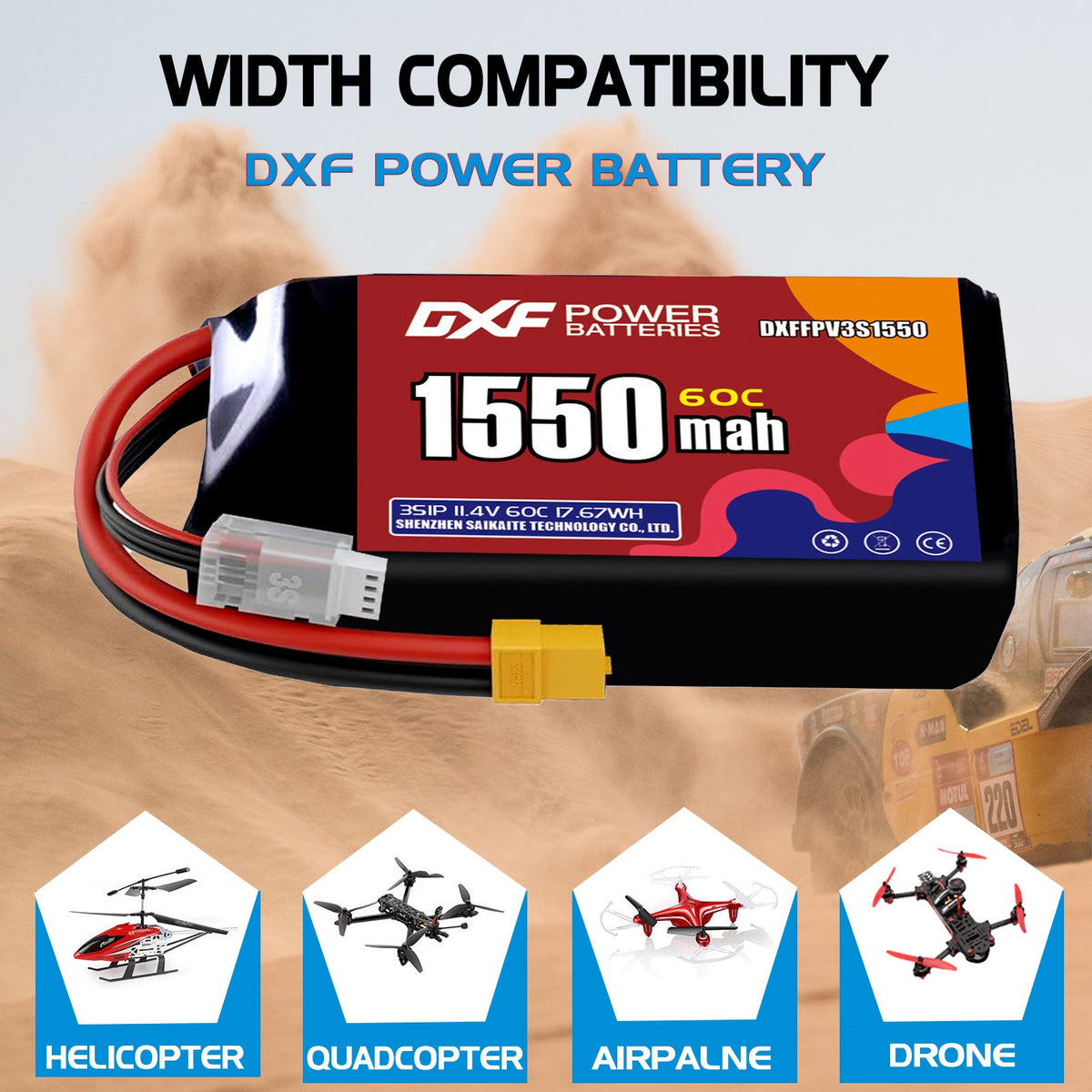DXF LiPo Battery 3S HV 11.4V 1550mAh 60C with PH2.0 / JST / XT30 / SM / XT60 / EC5 / XT90 for FPV Drone Whoop Micro Racing