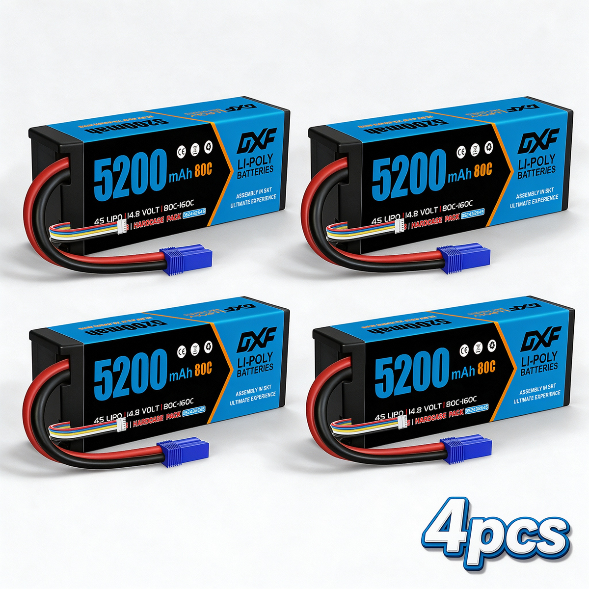 DXF 4S 14.8V 5200mAh 80C BLUE Series Graphene LiPo Hardcase Battery with 10AWG EC5 Plug for 1/8 1/10 RC Car Truck Boat Drone (1-6 Pack Available)