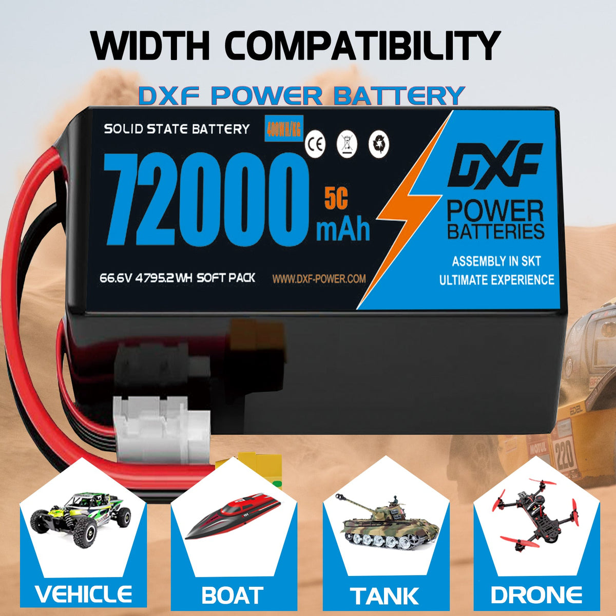 DXF SEMI-SOLID 18S 66.6V 72000mAh 5C Soft Case LiPo Battery with 8AWG Wire for Toy Cars, Boats, UAVs & Drones (1-6 Pack)