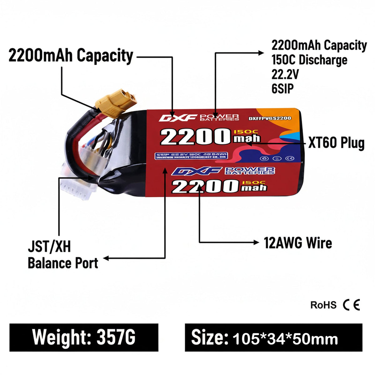 DXF 6S 22.2V 2200mAh 150C Graphene Softcase LiPo Battery with XT60 & 12AWG Wire (1-6 Pack)