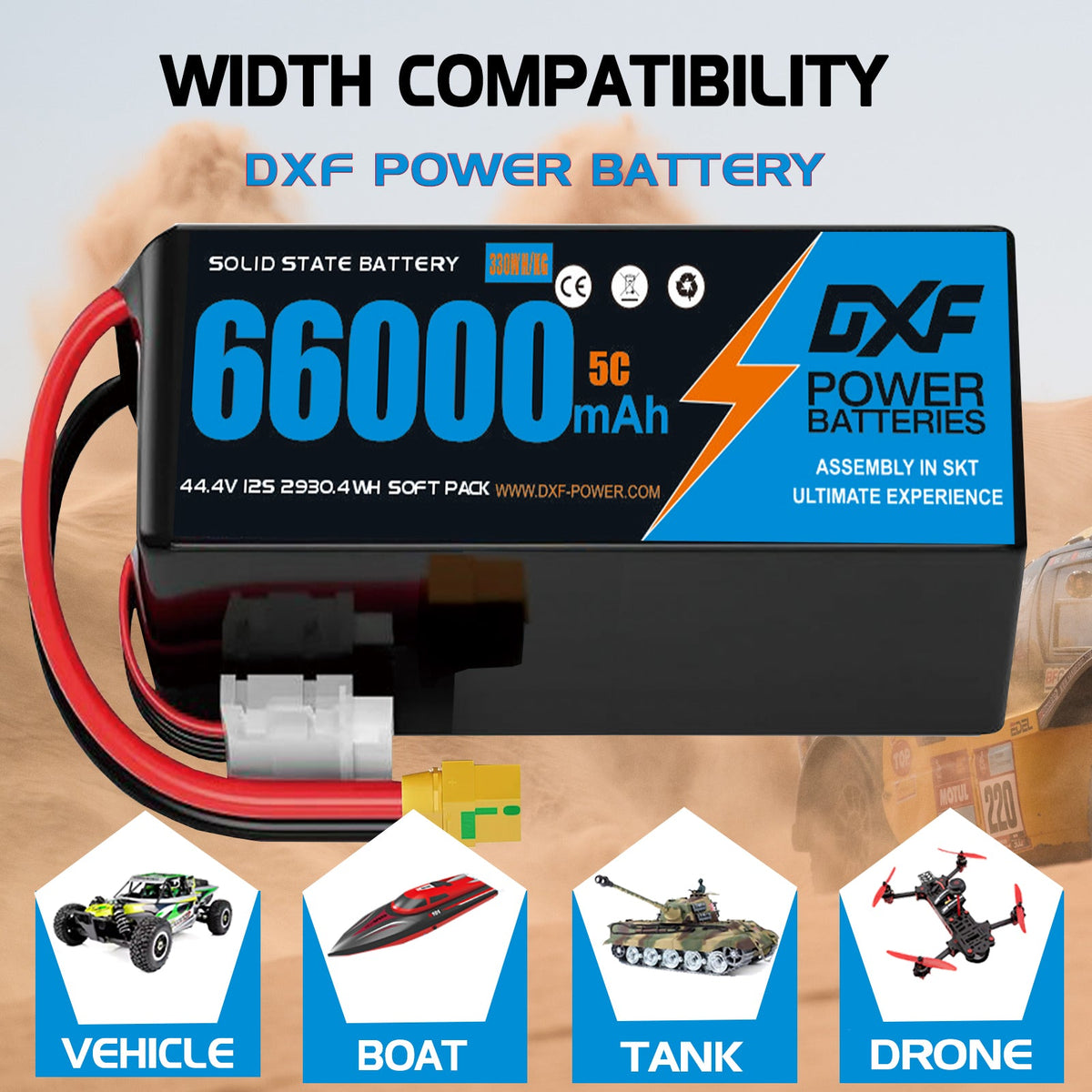 DXF SEMI-SOLID 12S 44.4V 66000mAh 5C Soft Case LiPo Battery with 8AWG Wire for Toy Cars, Boats, UAVs & Drones (1-6 Pack)