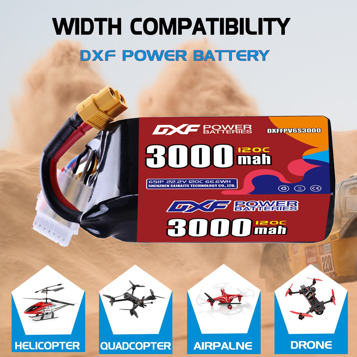 DXF 6S 22.2V 3000mAh 120C LiPo Battery for FPV Micro Drones (PH2.0 / JST / XT30 / SM / XT60 / EC5 / XT90 Options)