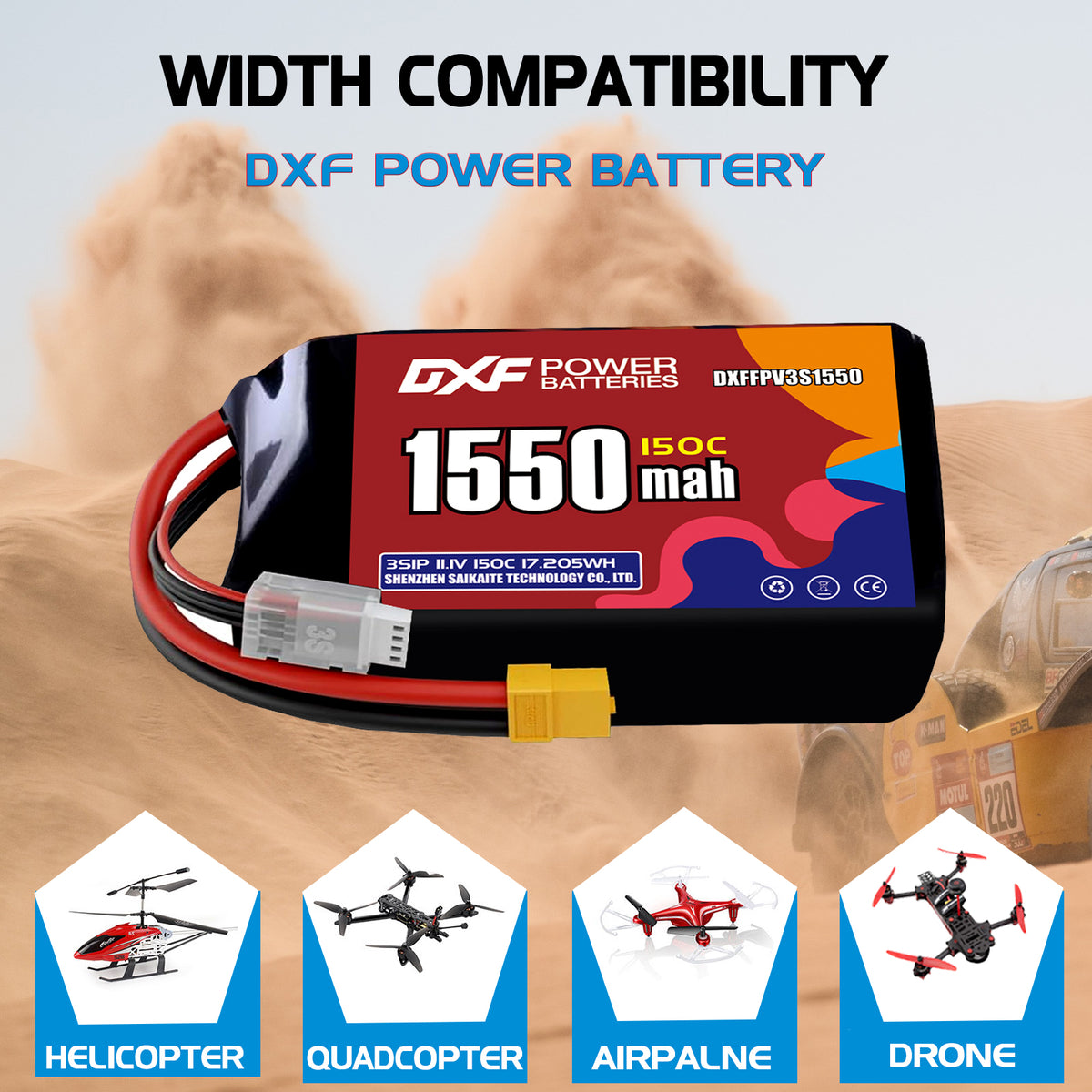 DXF 3S 11.1V 1550mAh 150C LiPo Battery for FPV Micro Drones (PH2.0 / JST / XT30 / SM / XT60 / EC5 / XT90 Options)