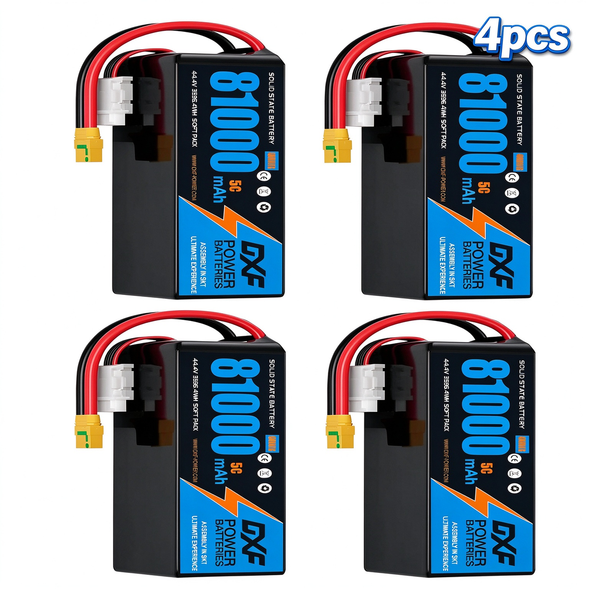 DXF 12S 44.4V 81000mAh 5C Soft Case LiPo Battery with 8AWG Wire for Toy Cars, Boats, UAVs & Drones (1-6 Pack)