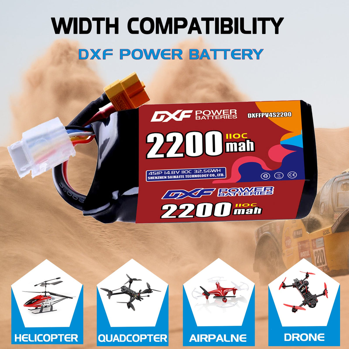 DXF LiPo Battery 4S 14.8V 2200mAh 110C with PH2.0 / JST / XT30 / SM / XT60 / EC5 / XT90 for FPV Drone Whoop Micro Racing