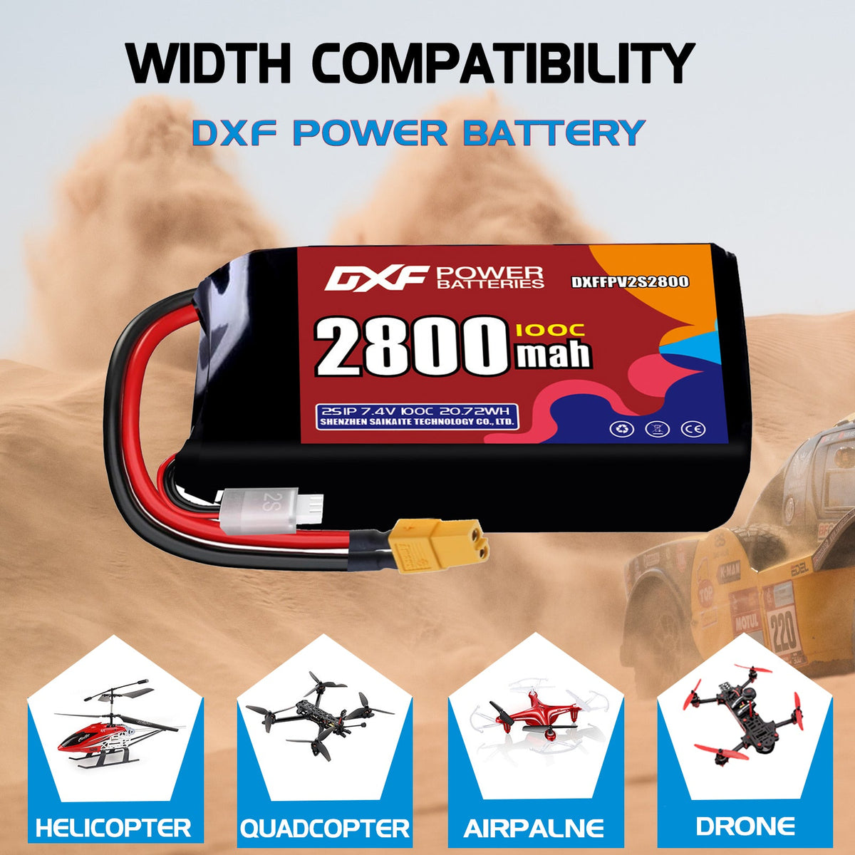 DXF 2S 7.4V 2800mAh 100C LiPo Battery for FPV Micro Drones (PH2.0 / JST / XT30 / SM / XT60 / EC5 / XT90 Options)