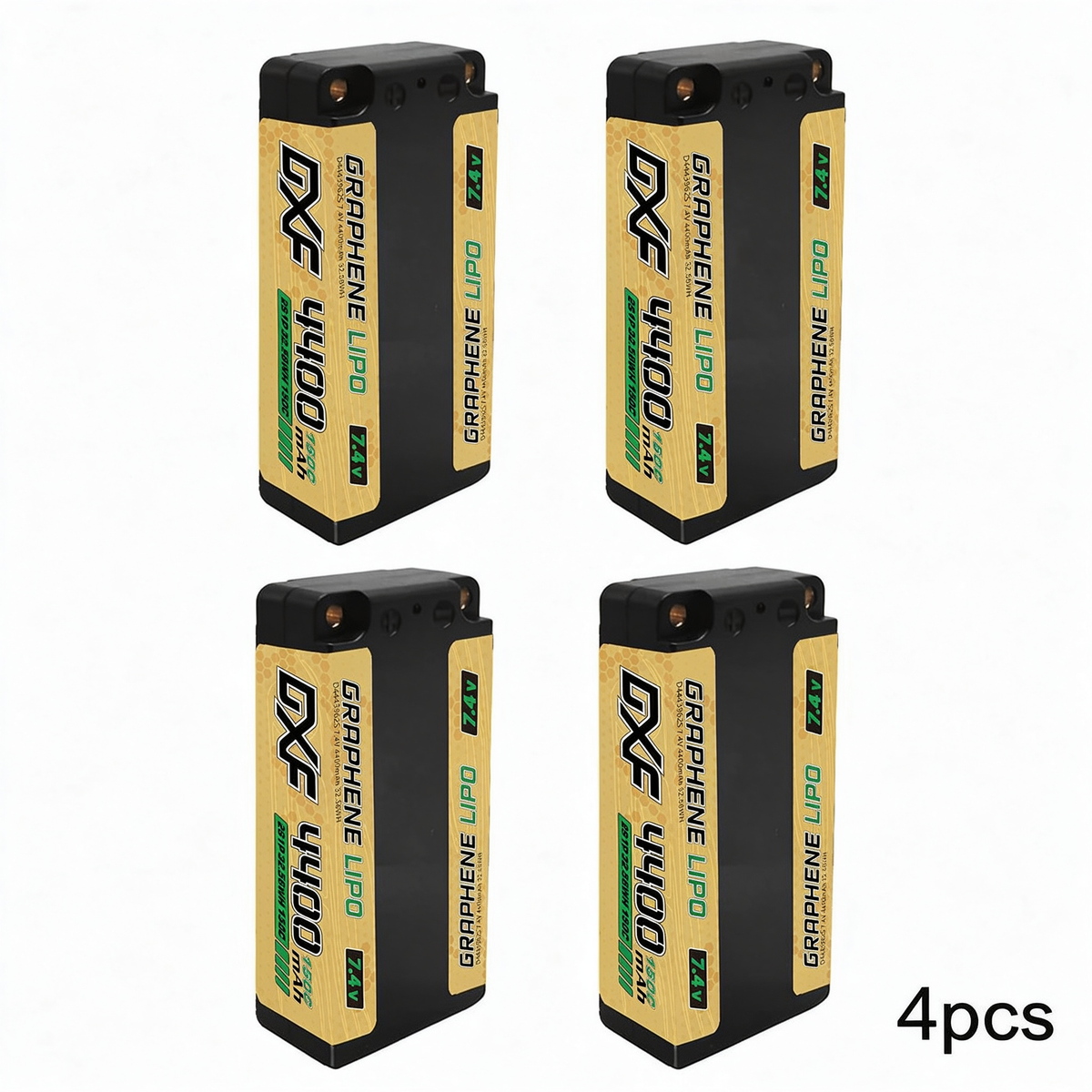 DXF NGP‑PLUS 2S 7.4V 4400mAh 150C Graphene Shorty Hardcase LiPo Battery with 5mm Bullet & Deans T-Plug, BRCA Certified (1-6 Pack)