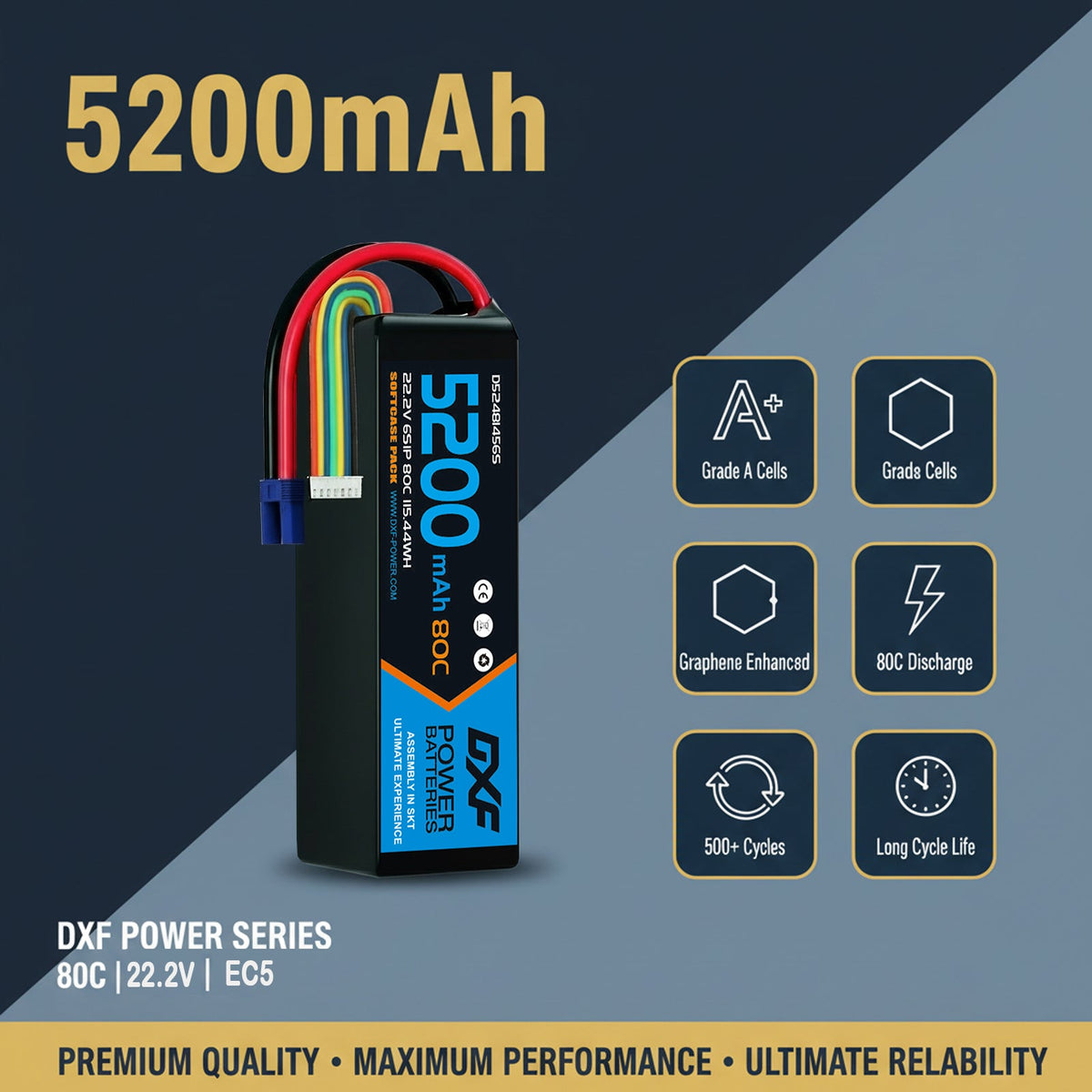 DXF 6S 22.2V 5200mAh 80C Graphene Softcase LiPo Battery with EC5 & 10AWG Wire (1-6 Pack)