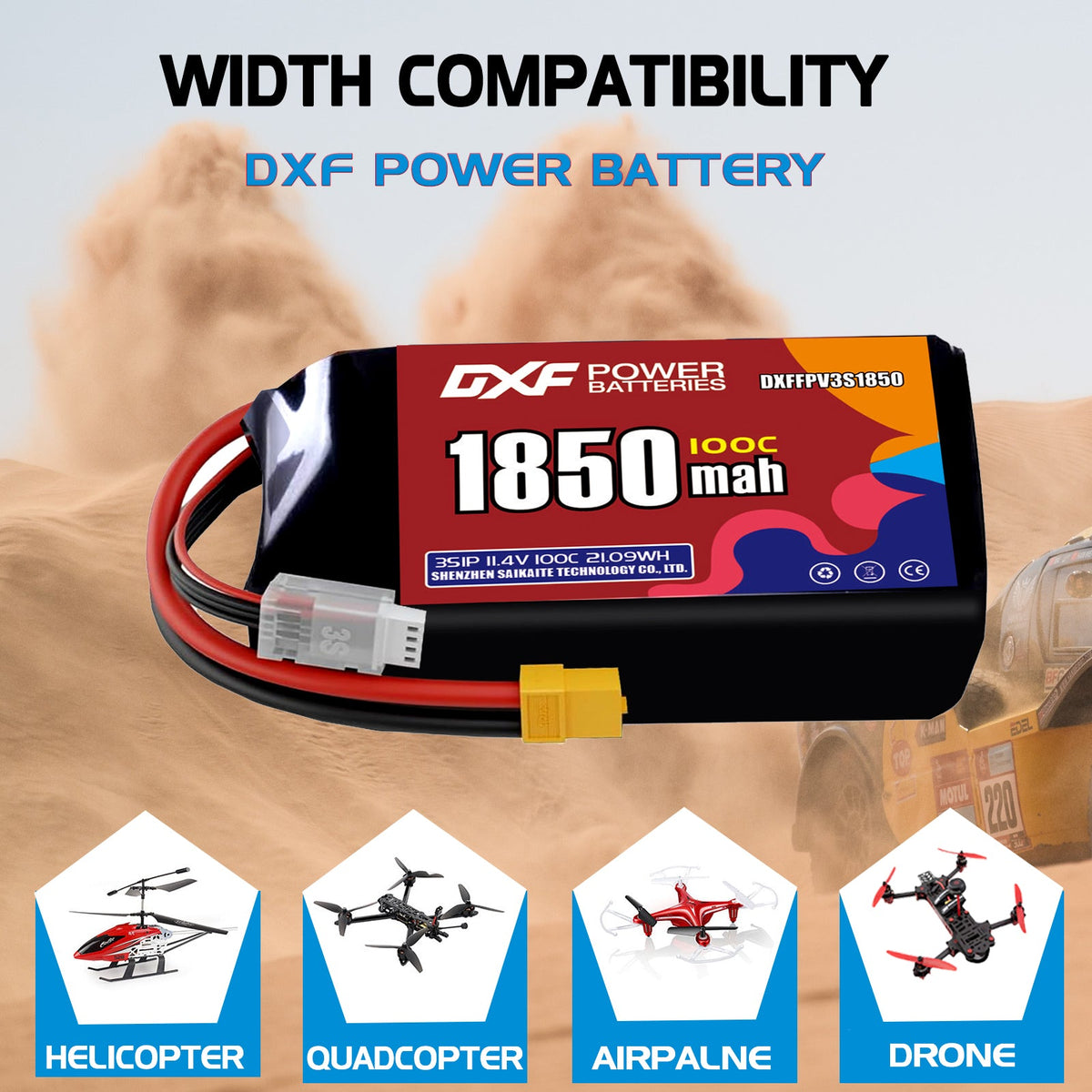 DXF 3S 11.1V 1850mAh 140C LiPo Battery for FPV Micro Drones (PH2.0 / JST / XT30 / SM / XT60 / EC5 / XT90 Options)