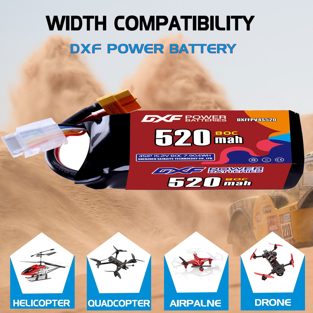 DXF LiPo Battery 4S HV 15.2V 520mAh 80C with PH2.0 / JST / XT30 / SM / XT60 / EC5 / XT90 for FPV Drone Whoop Micro Racing