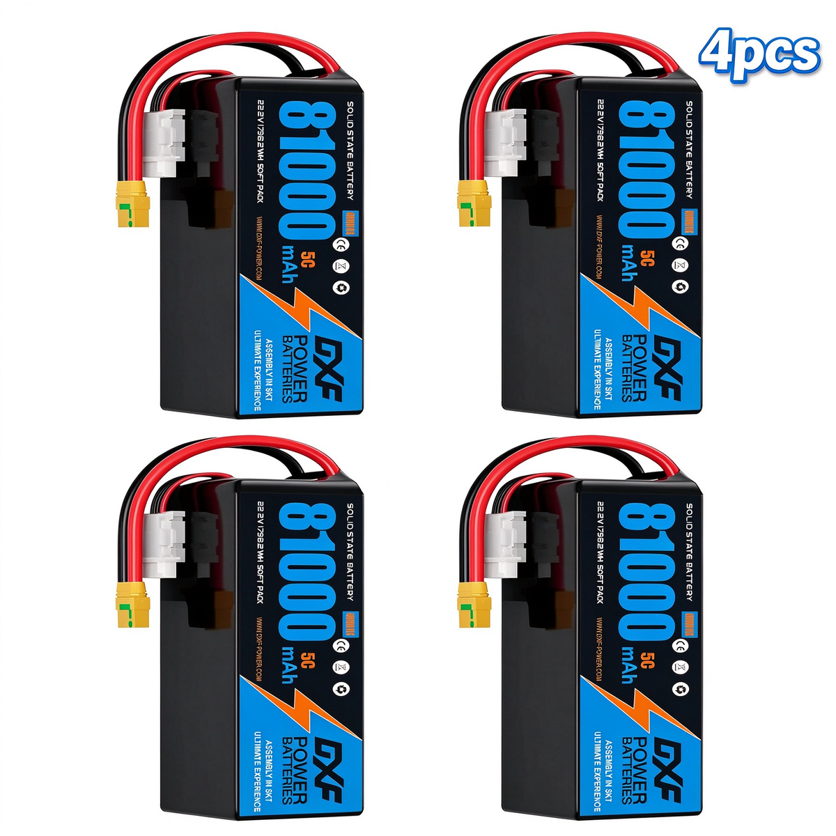 DXF 6S 22.2V 81000mAh 5C Soft Case LiPo Battery with 8AWG Wire for Toy Cars, Boats, UAVs & Drones (1-6 Pack)