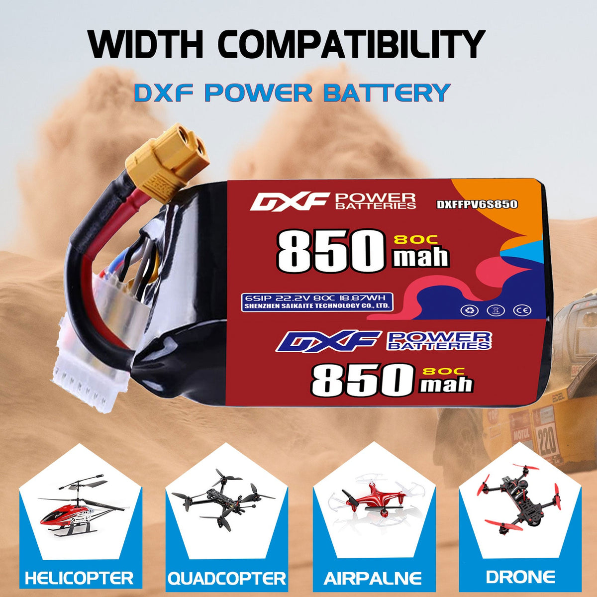 DXF 6S 22.2V 850mAh 80C LiPo Battery for FPV Micro Drones (PH2.0 / JST / XT30 / SM / XT60 / EC5 / XT90 Options)