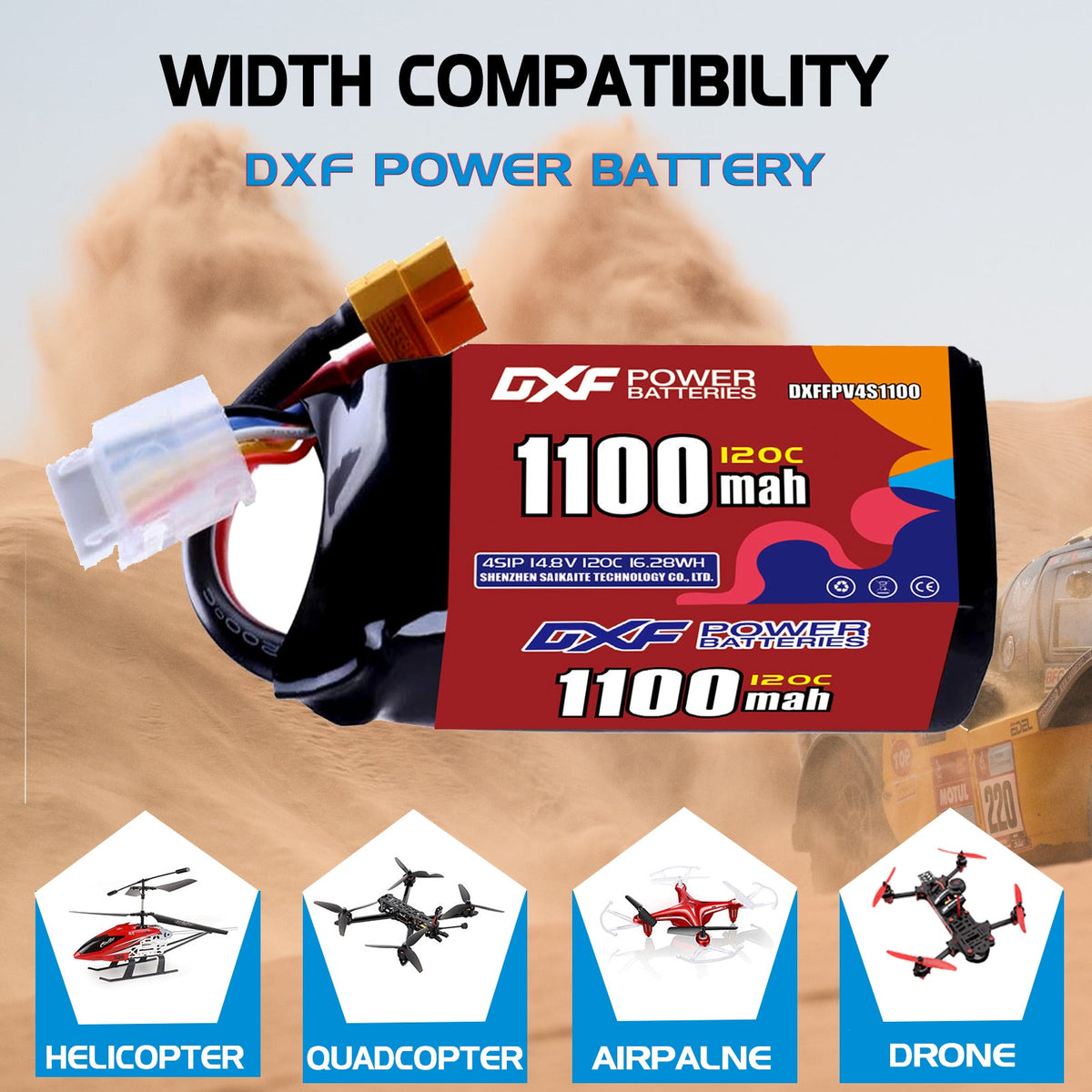 DXF 4S 14.8V 1100mAh 120C LiPo Battery for FPV Micro Drones (PH2.0 / JST / XT30 / SM / XT60 / EC5 / XT90 Options)