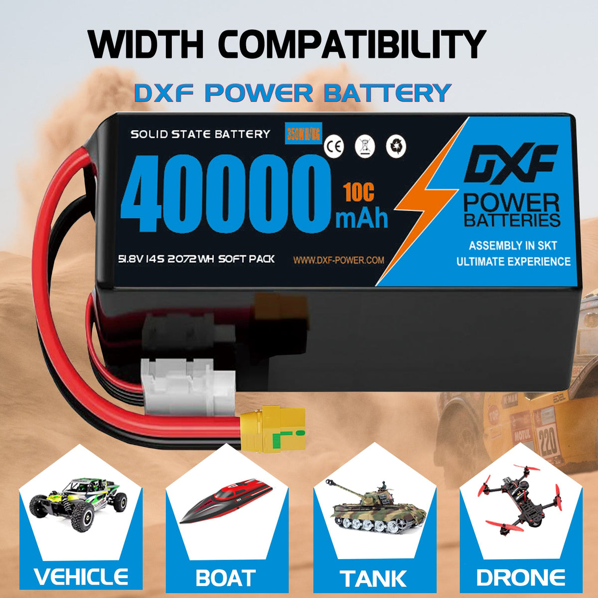 DXF SEMI-SOLID 14S 51.8V 40000mAh 10C Soft Case LiPo Battery with 8AWG Wire for Toy Cars, Boats, UAVs & Drones (1-6 Pack)