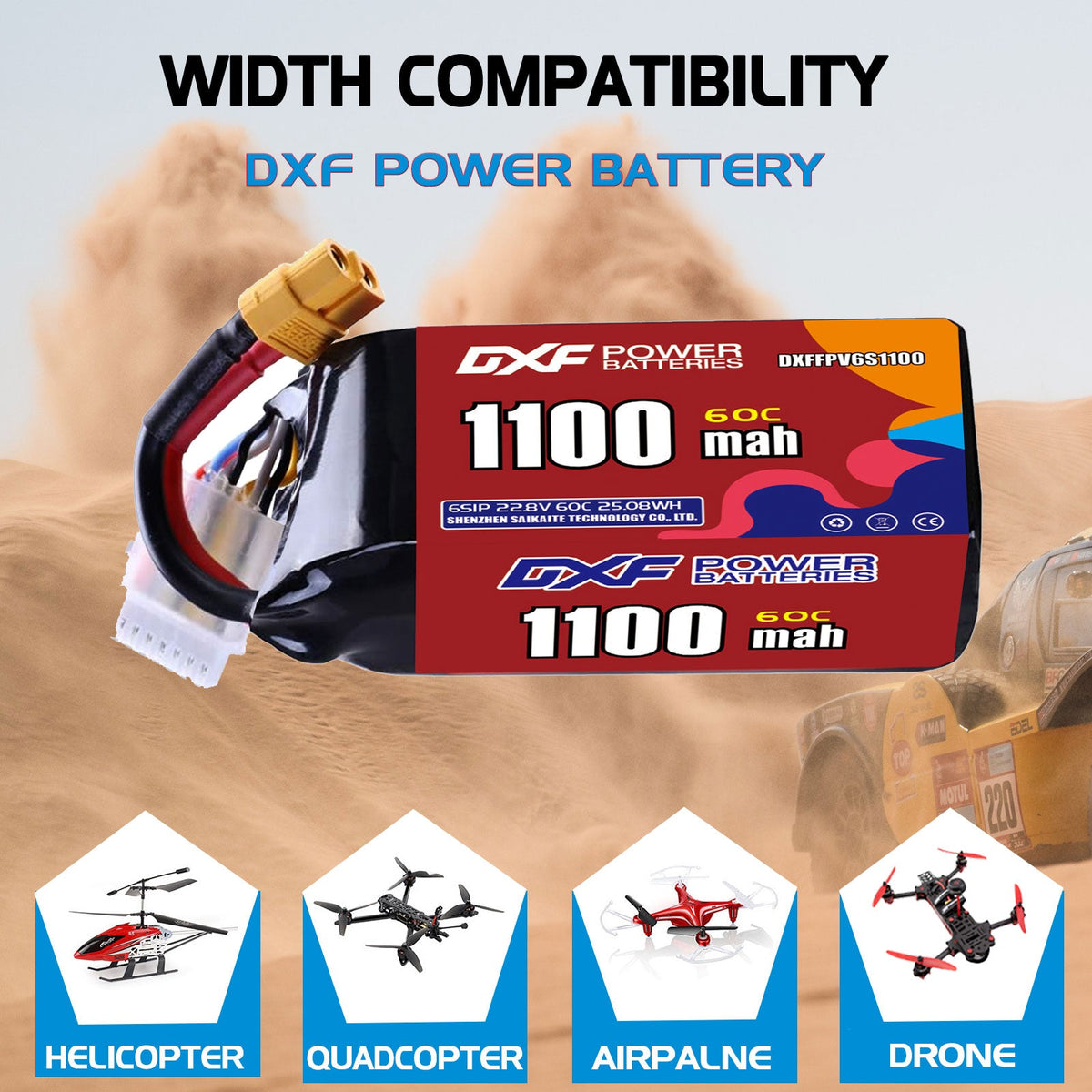 DXF LiPo Battery 6S HV 22.8V 1100mAh 60C with PH2.0 / JST / XT30 / SM / XT60 / EC5 / XT90 for FPV Drone Whoop Micro Racing