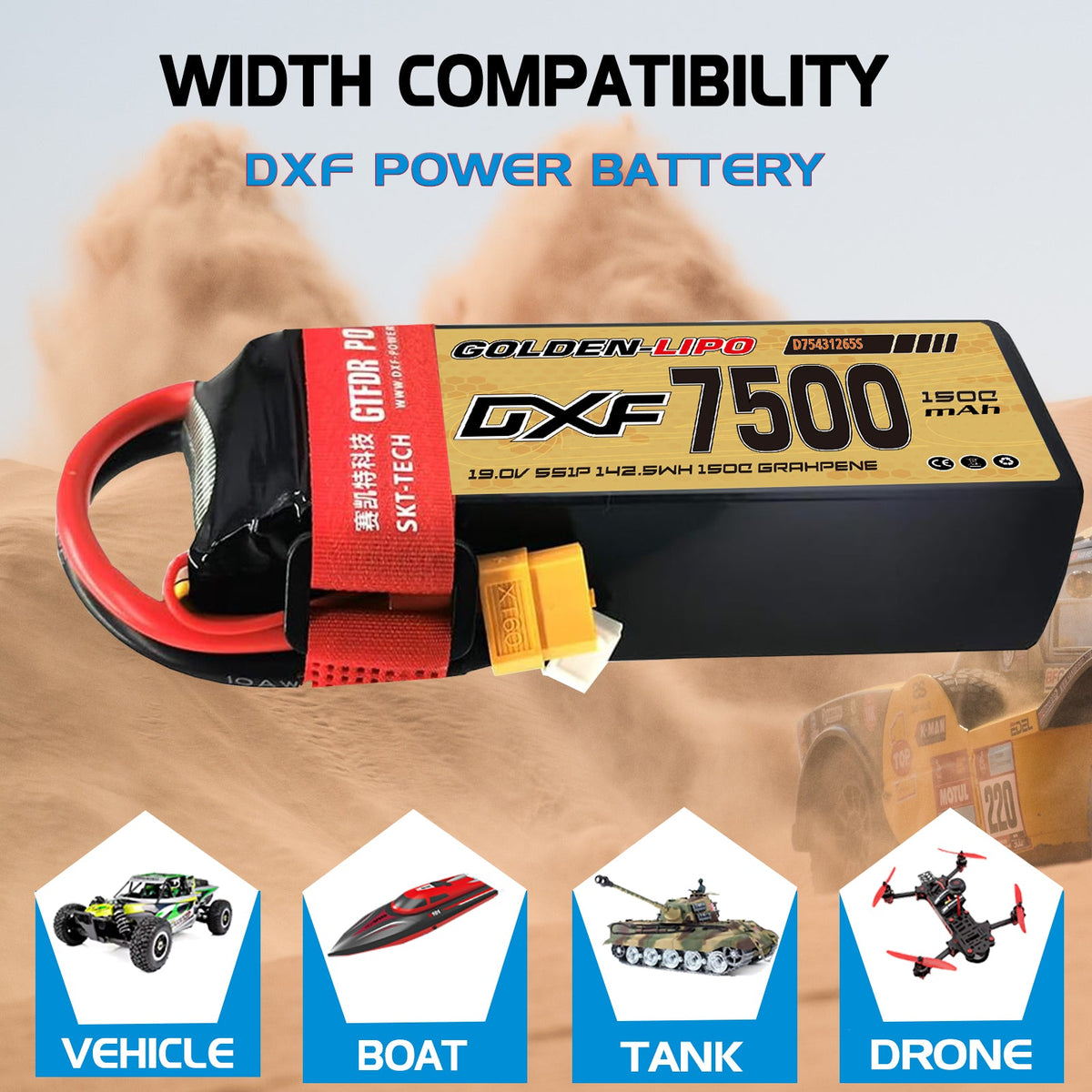 DXF Lipo Battery 5S HV 19.0V 7500mAh 150C GoldSeries Graphene Softcase with EC5 / T / TRX / XT60 / XT90 / XT150 / Q8s Plug for RC 1/8 1/10 Buggy Truck Car Off-Road Drone