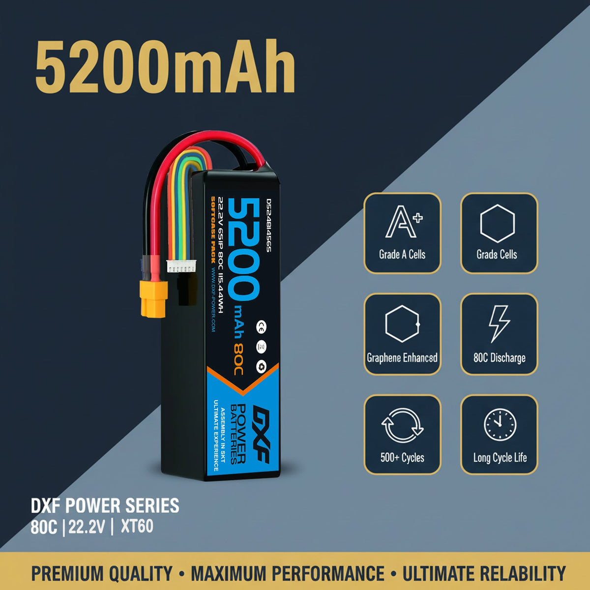 DXF 6S 22.2V 5200mAh 80C Softcase LiPo Battery with XT60 & 10AWG Wire for 1/8 RC Cars (1-6 Pack)