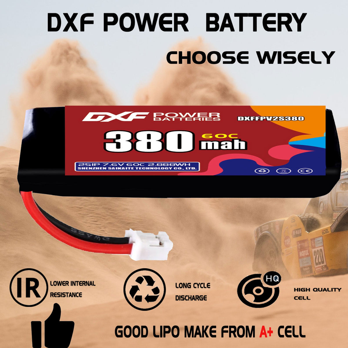 DXF LiPo Battery 2S HV 7.6V 380mAh 60C with PH2.0 / JST / XT30 / SM / XT60 / EC5 / XT90 for FPV Drone Whoop Micro Racing