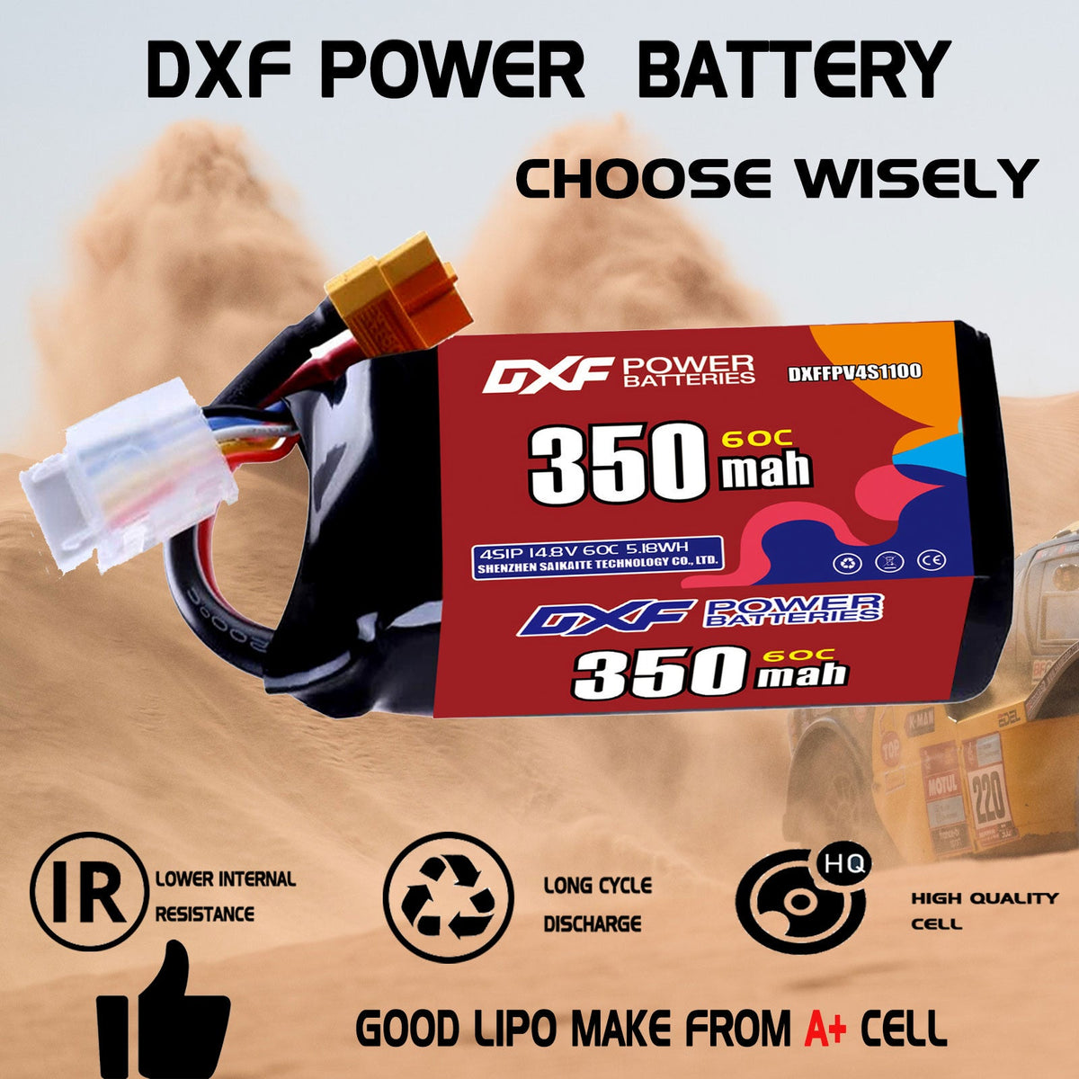 DXF LiPo Battery 4S 14.8V 350mAh 60C with PH2.0 / JST / XT30 / SM / XT60 / EC5 / XT90 for FPV Drone Whoop Micro Racing