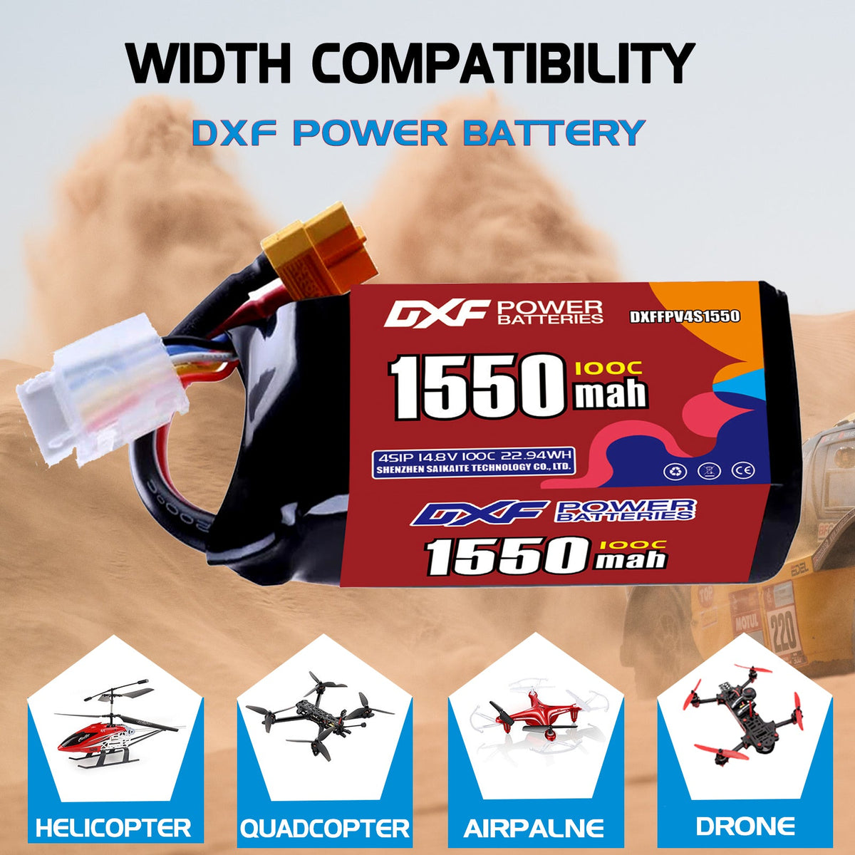 DXF 4S 14.8V 1550mAh 100C LiPo Battery for FPV Micro Drones (PH2.0 / JST / XT30 / SM / XT60 / EC5 / XT90 Options)