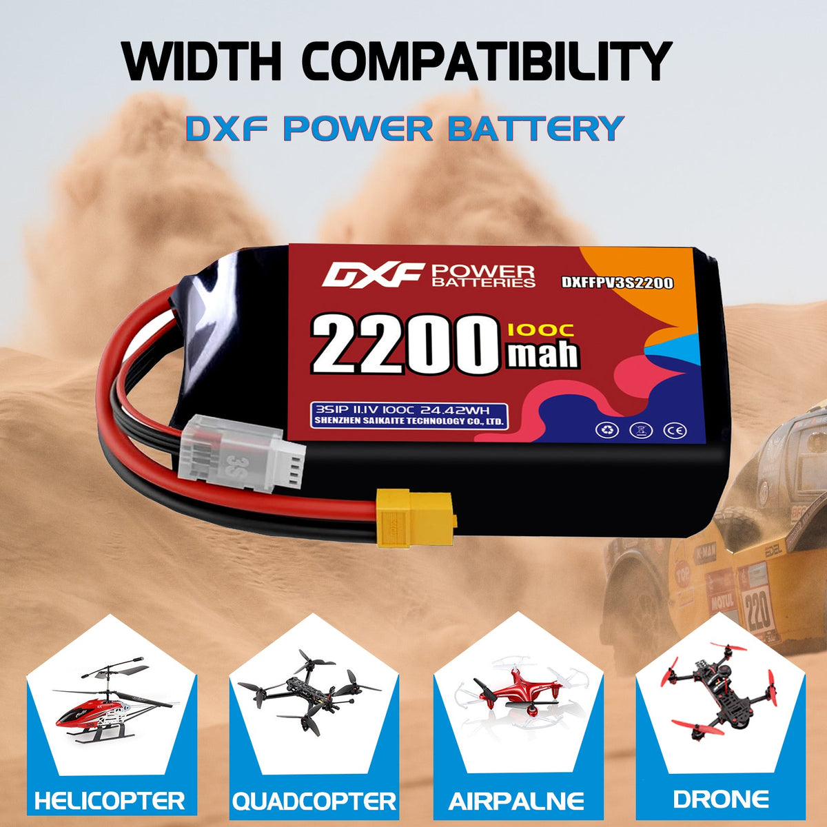 DXF 3S 11.1V 2200mAh 100C LiPo Battery for FPV Micro Drones (PH2.0 / JST / XT30 / SM / XT60 / EC5 / XT90 Options)