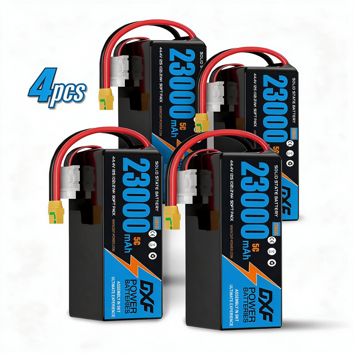 DXF SEMI-SOLID 12S 44.4V 23000mAh 5C Soft Case LiPo Battery with 8AWG Wire for UAVs & Drones (1-6 Pack)