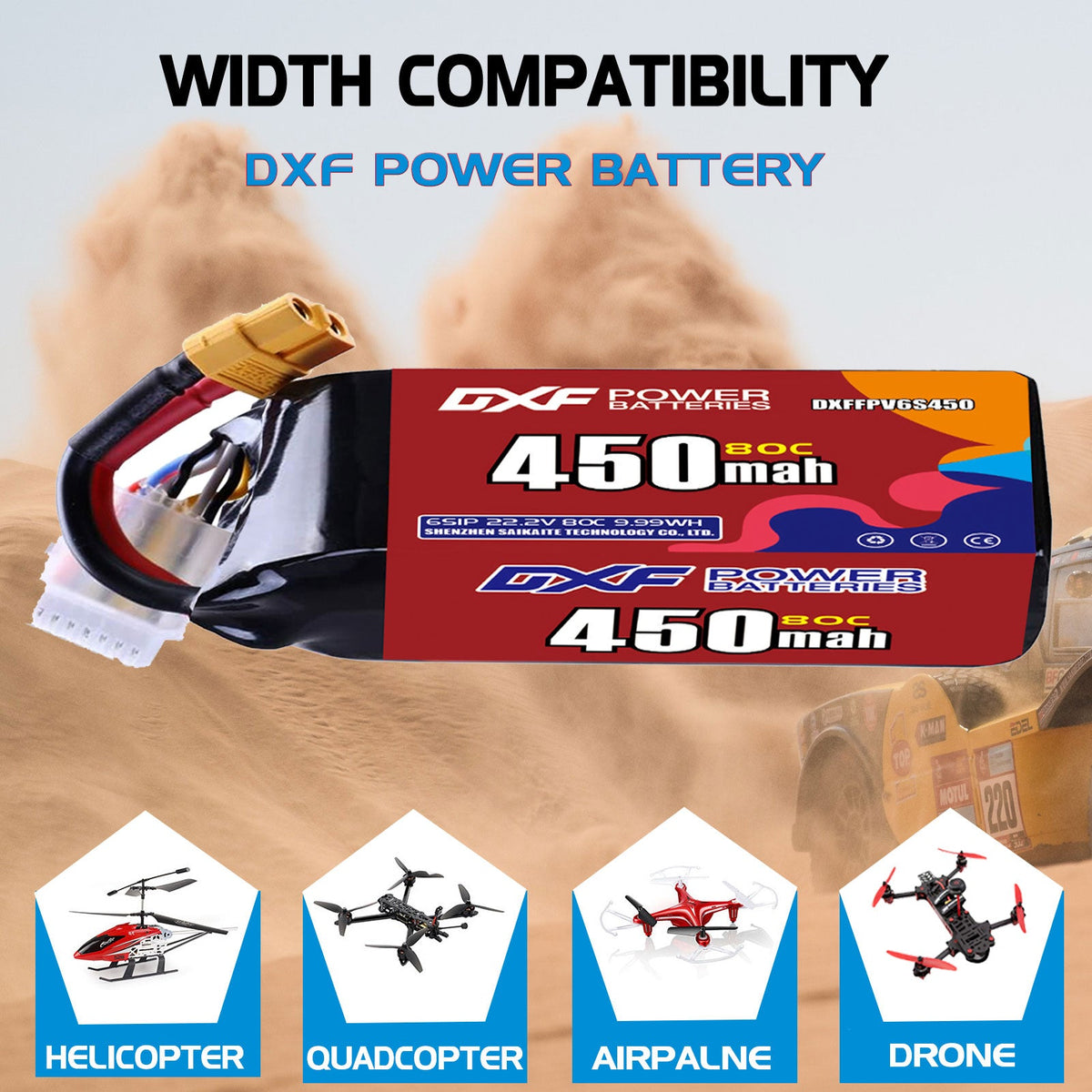 DXF LiPo Battery 6S 22.2V 450mAh 80C with PH2.0 / JST / XT30 / SM / XT60 / EC5 / XT90 for FPV Drone Whoop Micro Racing