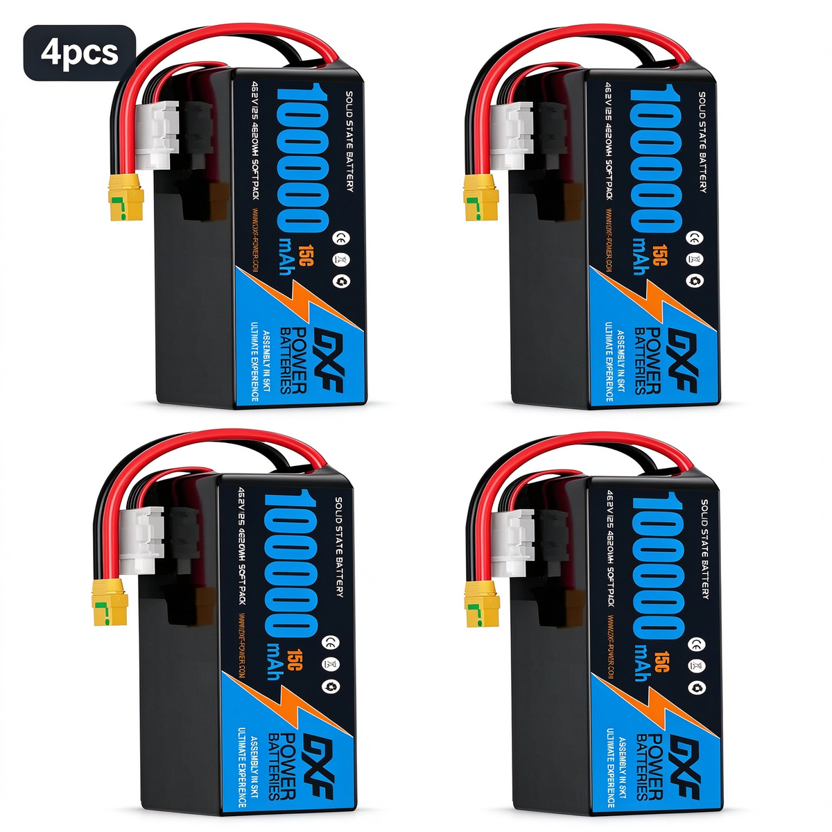 DXF SEMI-SOLID 12S 46.2V 100000mAh 15C Soft Case LiPo Battery with 8AWG Wire for Toy Cars, Boats, UAVs & Drones (1-6 Pack)
