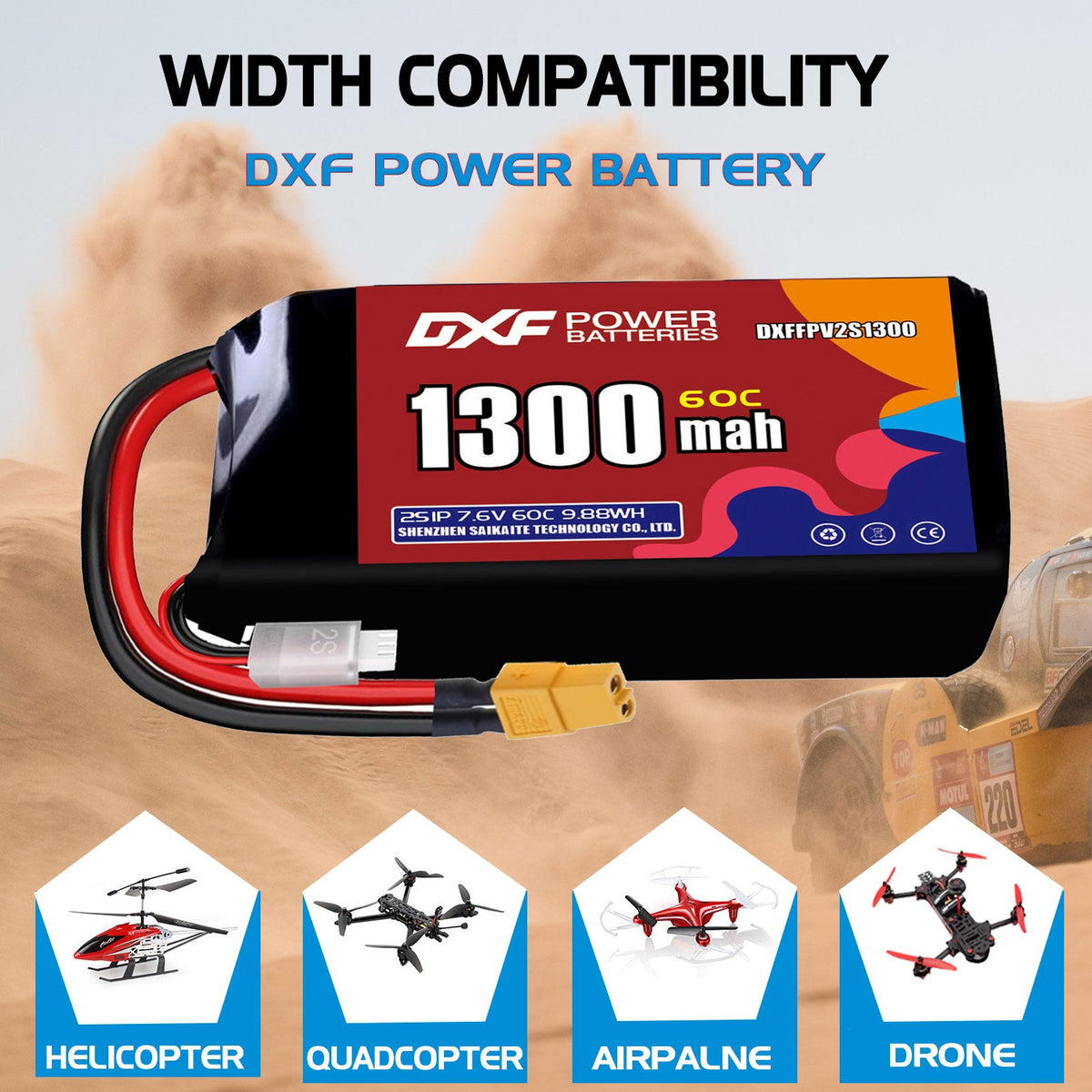 DXF LiPo Battery 2S HV 7.6V 1300mAh 60C with PH2.0 / JST / XT30 / SM / XT60 / EC5 / XT90 for FPV Drone Whoop Micro Racing