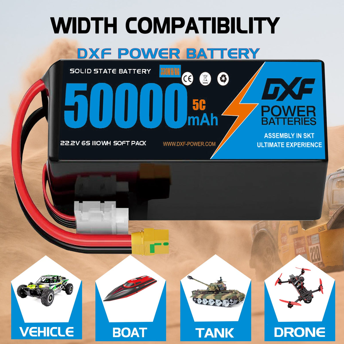 DXF 6S 22.2V 50000mAh 5C Soft Case LiPo Battery with 8AWG Wire for Toy Cars, Boats, UAVs & Drones (1-6 Pack)