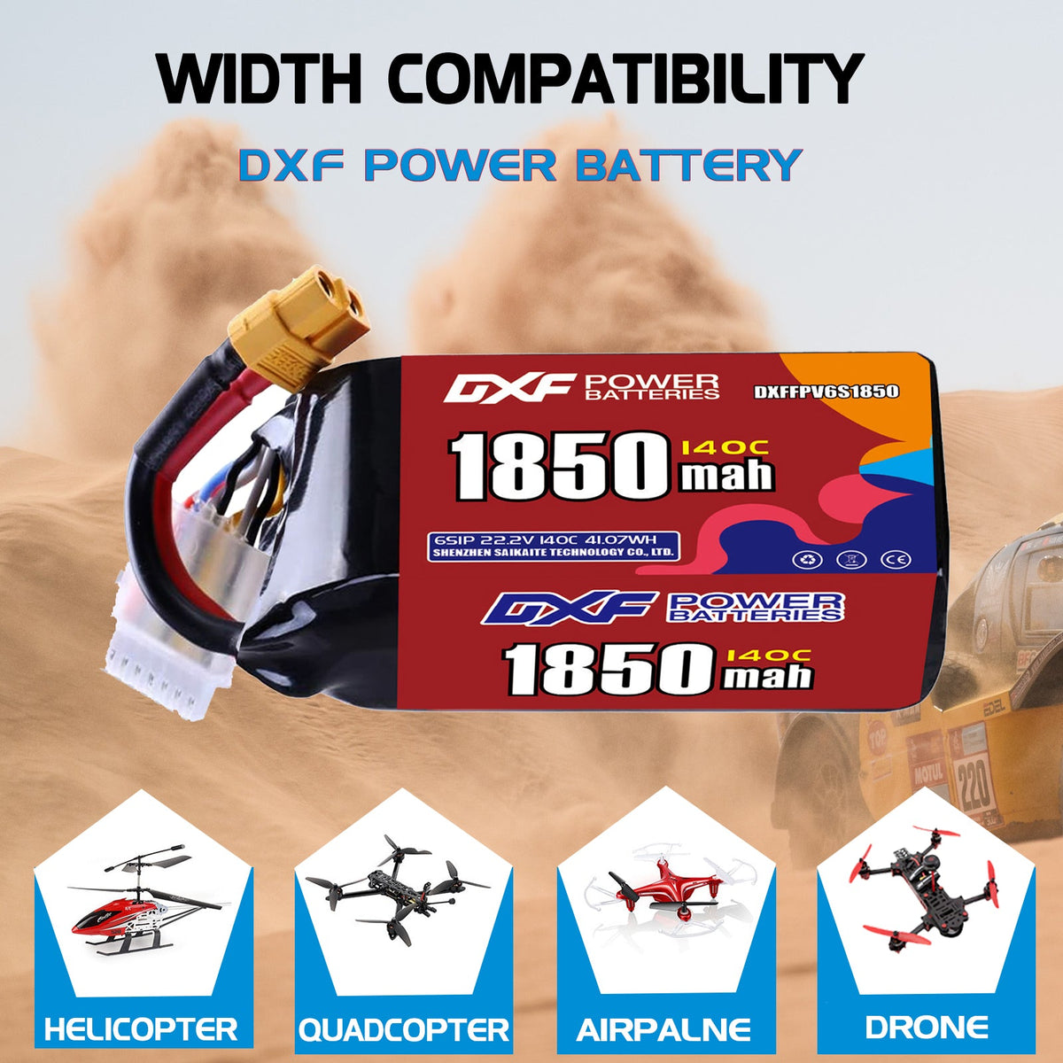 DXF 6S 22.2V 1850mAh 140C LiPo Battery for FPV Micro Drones (PH2.0 / JST / XT30 / SM / XT60 / EC5 / XT90 Options)