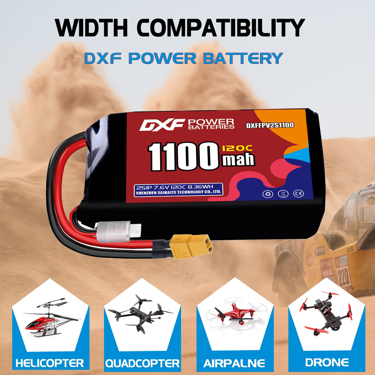 DXF 2S 7.6V 1100mAh 120C LiPo Battery for FPV Micro Drones (PH2.0 / JST / XT30 / SM / XT60 / EC5 / XT90 Options)