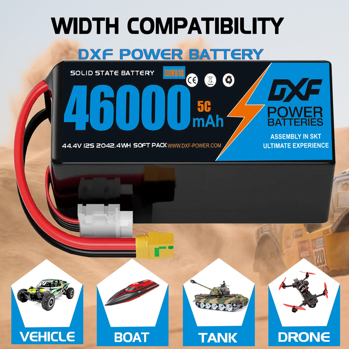 DXF SEMI-SOLID 12S 44.4V 46000mAh 5C Soft Case LiPo Battery with 8AWG Wire for Toy Cars, Boats, UAVs & Drones (1-6 Pack)