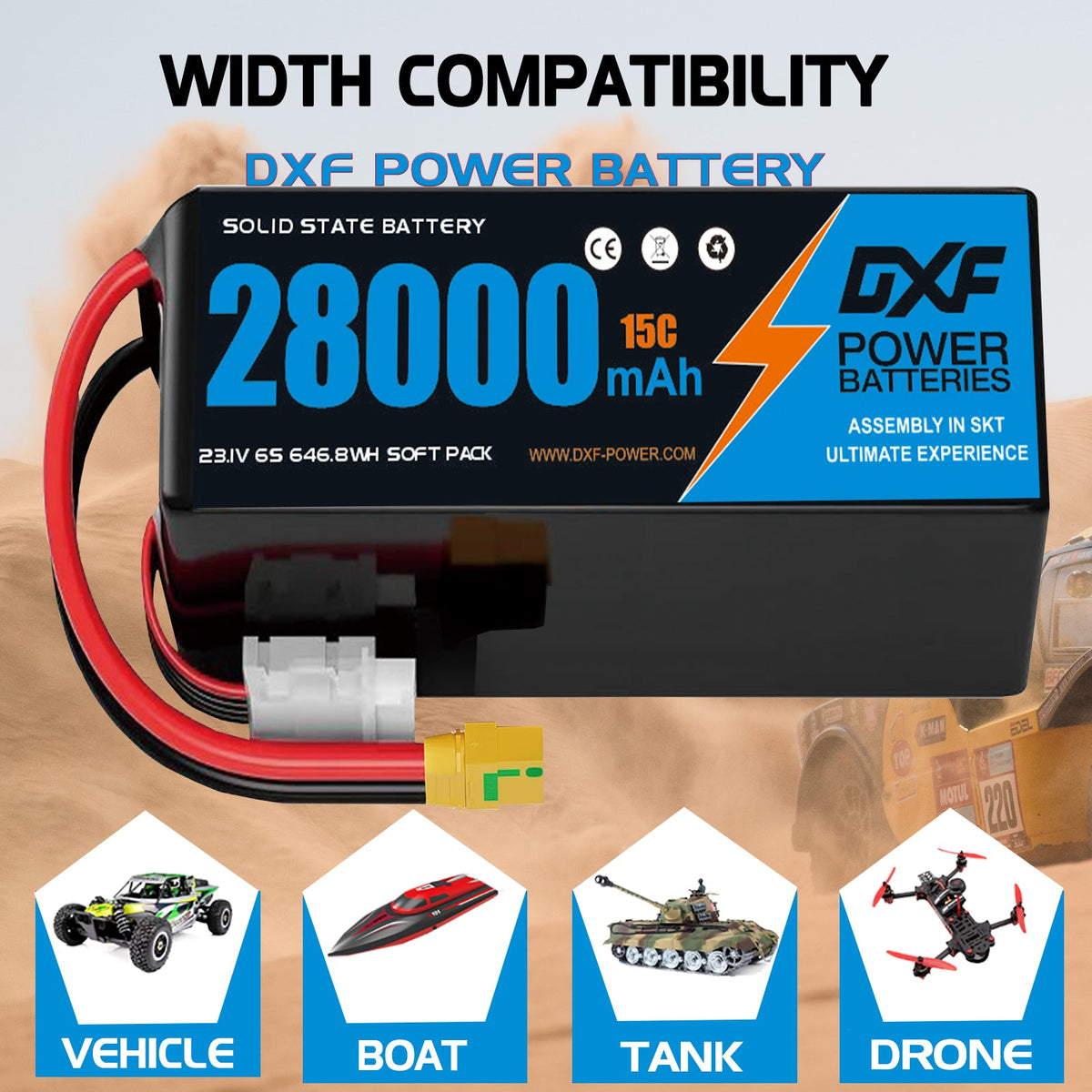 DXF 6S 23.1V 28000mAh 15C Soft Case LiPo Battery with 8AWG Wire for Toy Cars, Boats, UAVs & Drones (1-6 Pack)